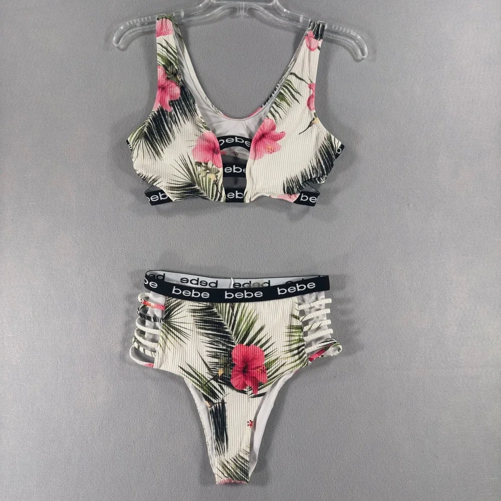 Bebe Women Tropical Floral Ribbed Bikini Set Logo Strappy High Waist White S